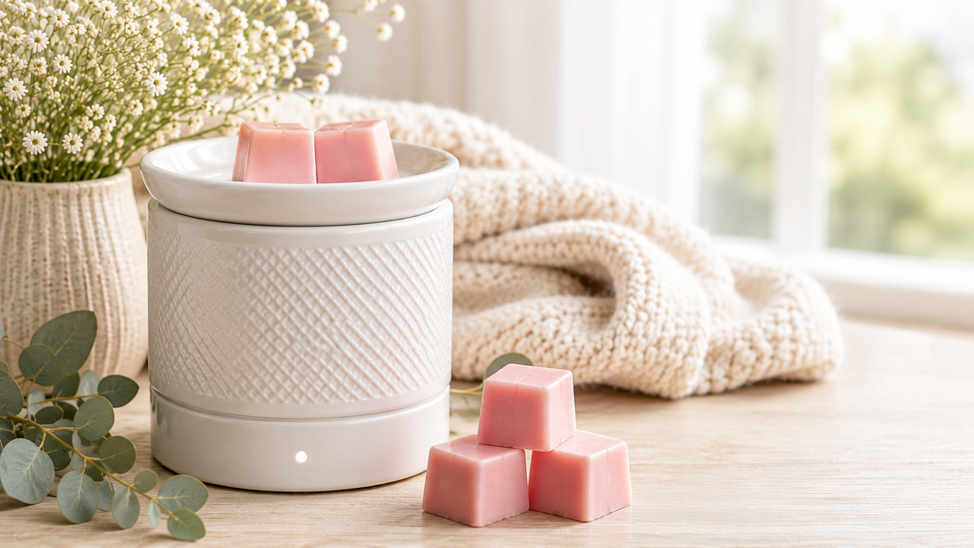 White electric wax warmer with pink wax melts in a cozy home, illustrating the benefits of flame-free home fragrance