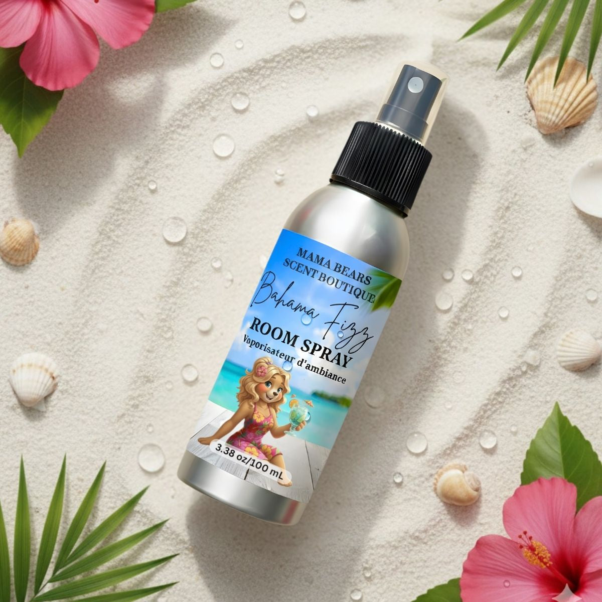 Bahama Fizz Room spray bottle with a label on a sandy background with flowers and shells