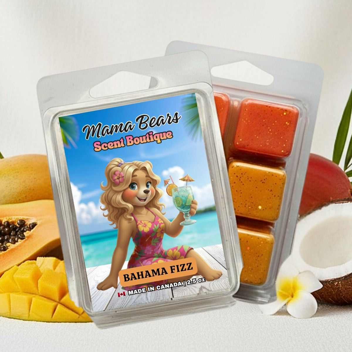 Mama Bears Scent Boutique Bahama Fizz wax melts with tropical fruit and flower elements.