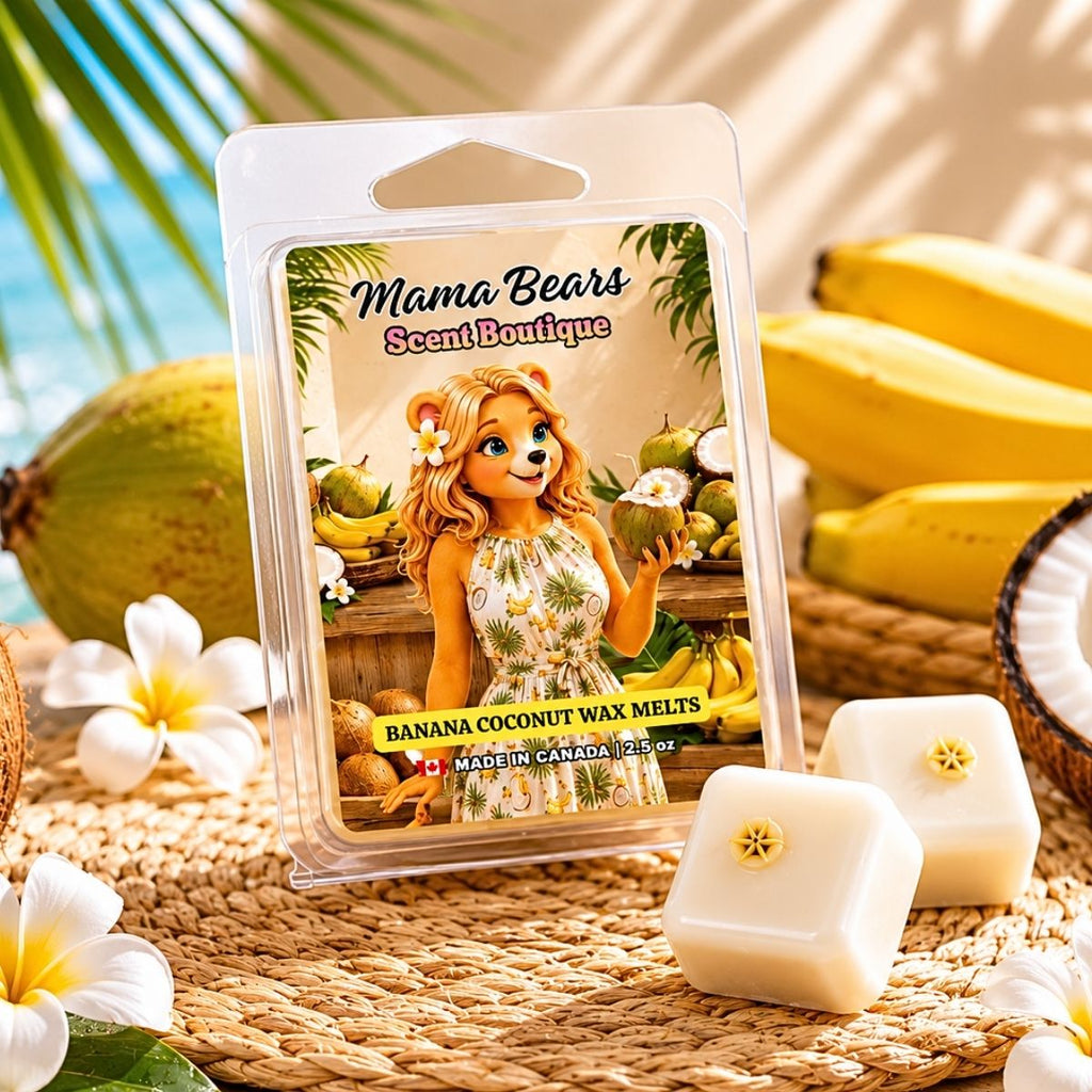 Banana Coconut wax melts packaging with a bear character, surrounded by bananas and coconuts.