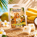 Banana Coconut wax melts packaging with a bear character, surrounded by bananas and coconuts.