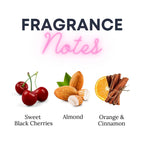 A picture of black cherry wax melts fragrance notes with a picture of black cherries, almonds, orange, and cinnamon