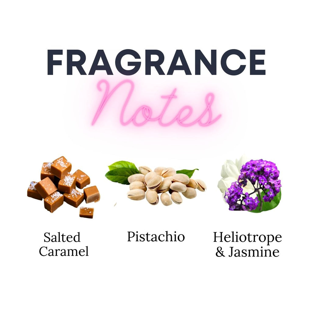 Fragrance notes with images of salted caramel, pistachio, and heliotrope & jasmine on a white background.