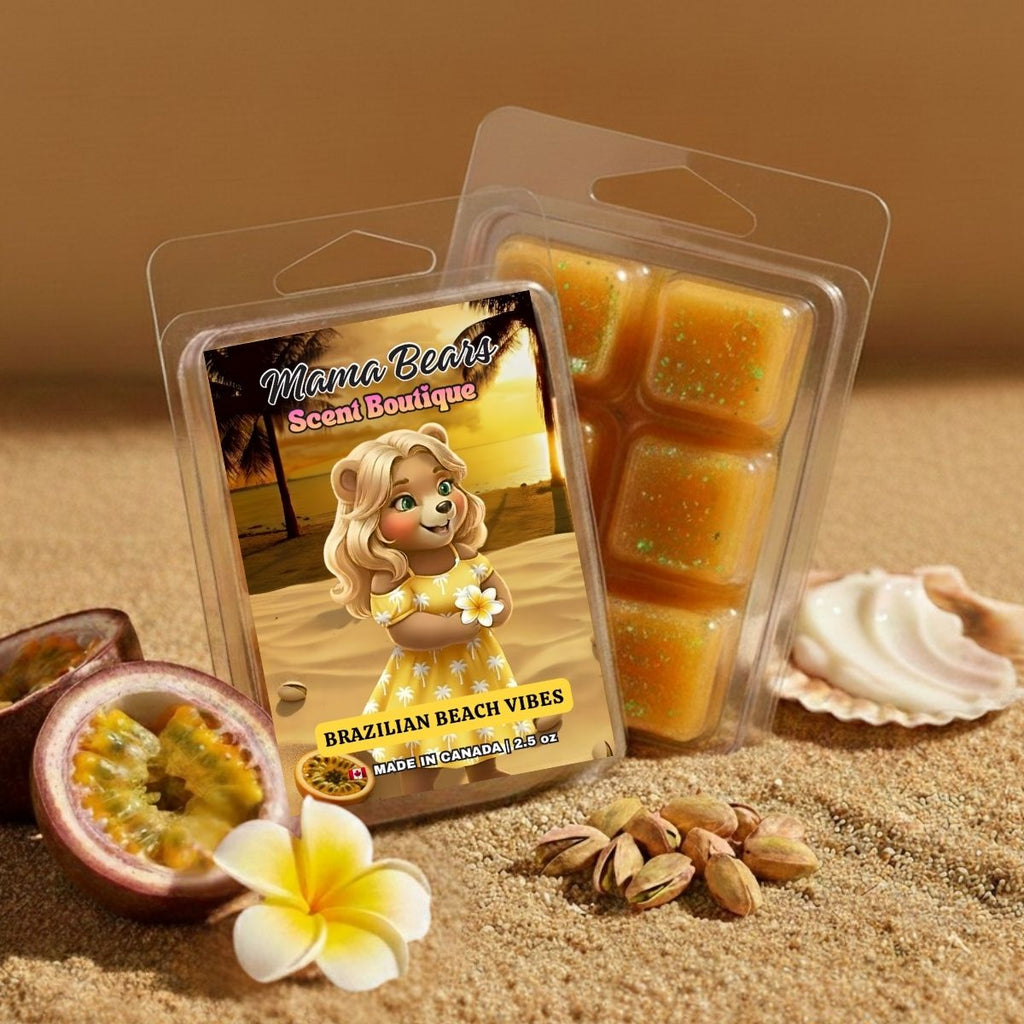 Mama Bears Scent Boutique wax melt packaging with beach-themed design on sand with flowers and shells.