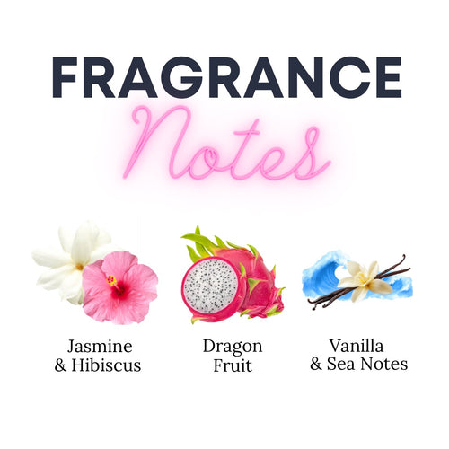 Fragrance notes with floral, fruit, and vanilla elements on a white background