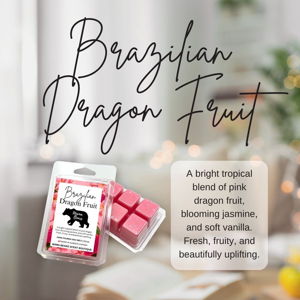 Packaged wax melts with 'Brazilian Dragon Fruit' description on a blurred background
