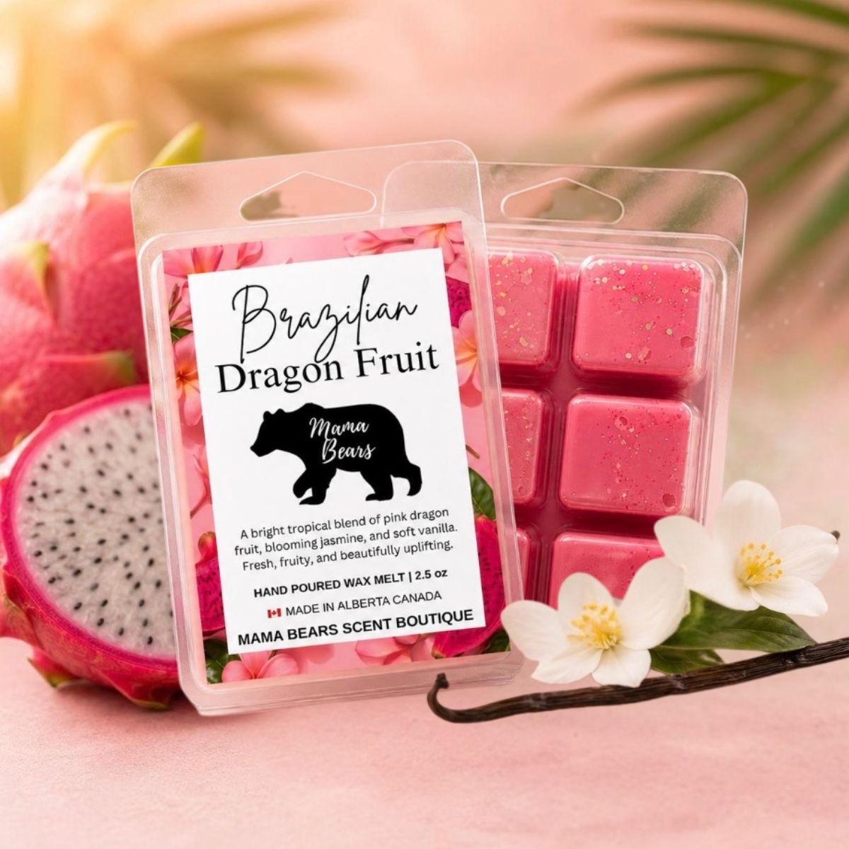 Pack of pink wax melts with a label for 'Brazilian Dragon Fruit' fragrance, surrounded by dragon fruit and flowers.
