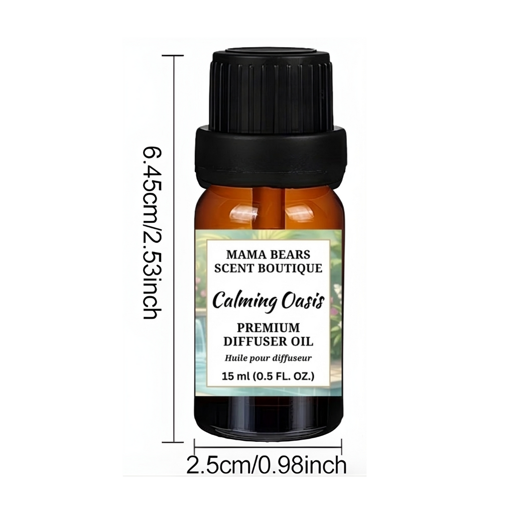 Bottle of 'Calming Oasis' diffuser oil with dimensions labeled on a white background