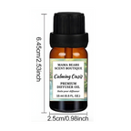 Bottle of 'Calming Oasis' diffuser oil with dimensions labeled on a white background