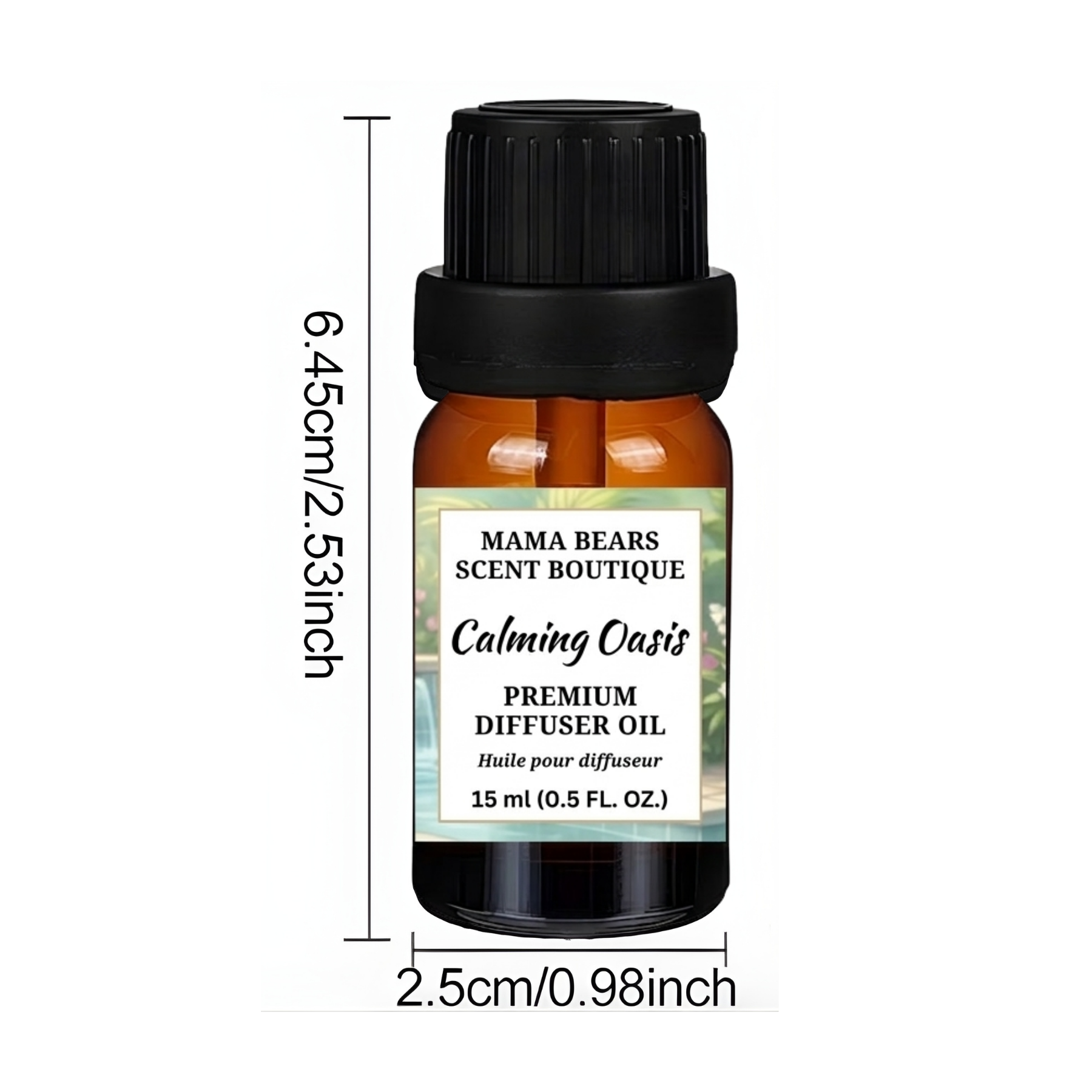 Bottle of 'Calming Oasis' diffuser oil with dimensions labeled on a white background