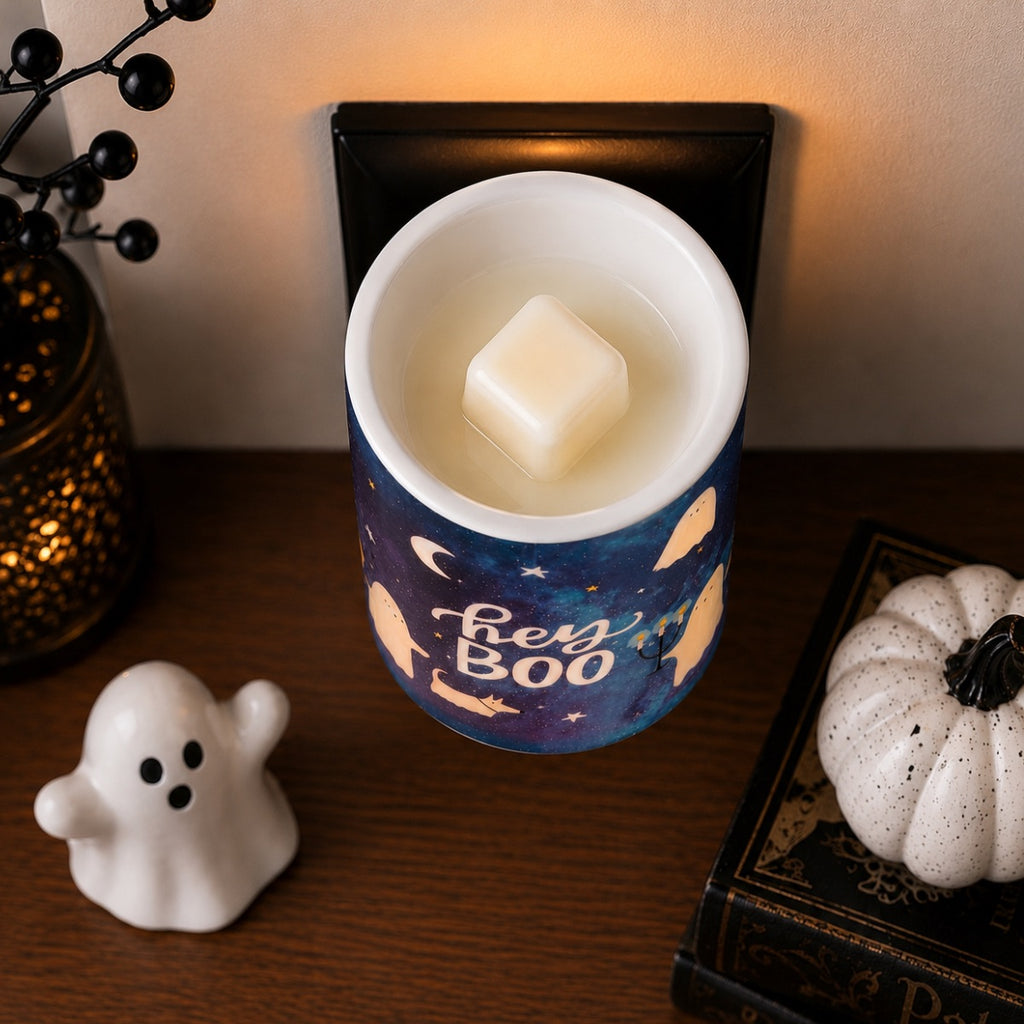 A Halloween-themed ceramic wax warmer with a blue and black pattern featuring the words 'Hey Boo' and cute illustrations, shown on a wooden table with a small white ghost figurine, a lit decorative lantern, and a white pumpkin.