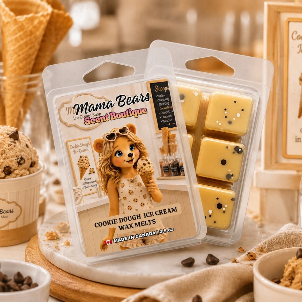 Packaged cookie dough ice cream wax melts with a bear character on a wooden surface.