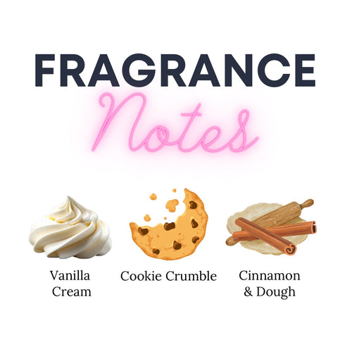 Illustrations of vanilla cream, cookie crumble, and cinnamon & dough with text 'Fragrance Notes' on a white background.