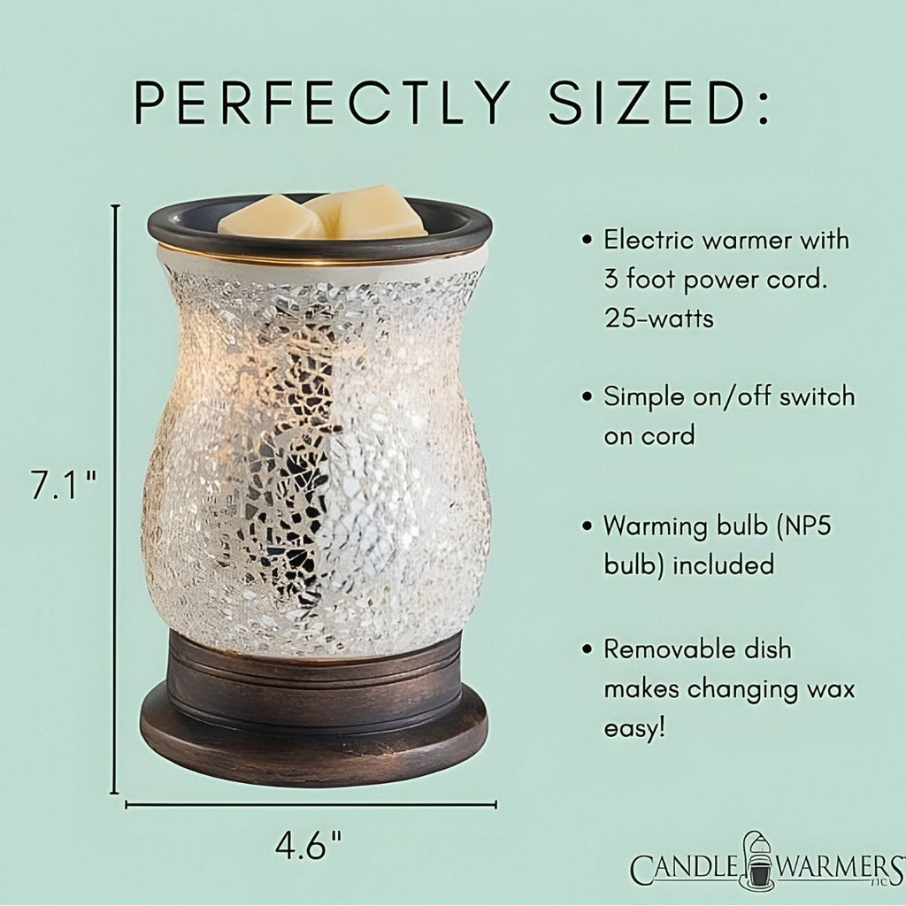 Electric warmer with dimensions and features on a light green background