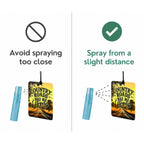 Product usage guide with 'Avoid spraying too close' and 'Spray from a slight distance' text, featuring a hanging product with 'Country Roads Take Me Home' design.