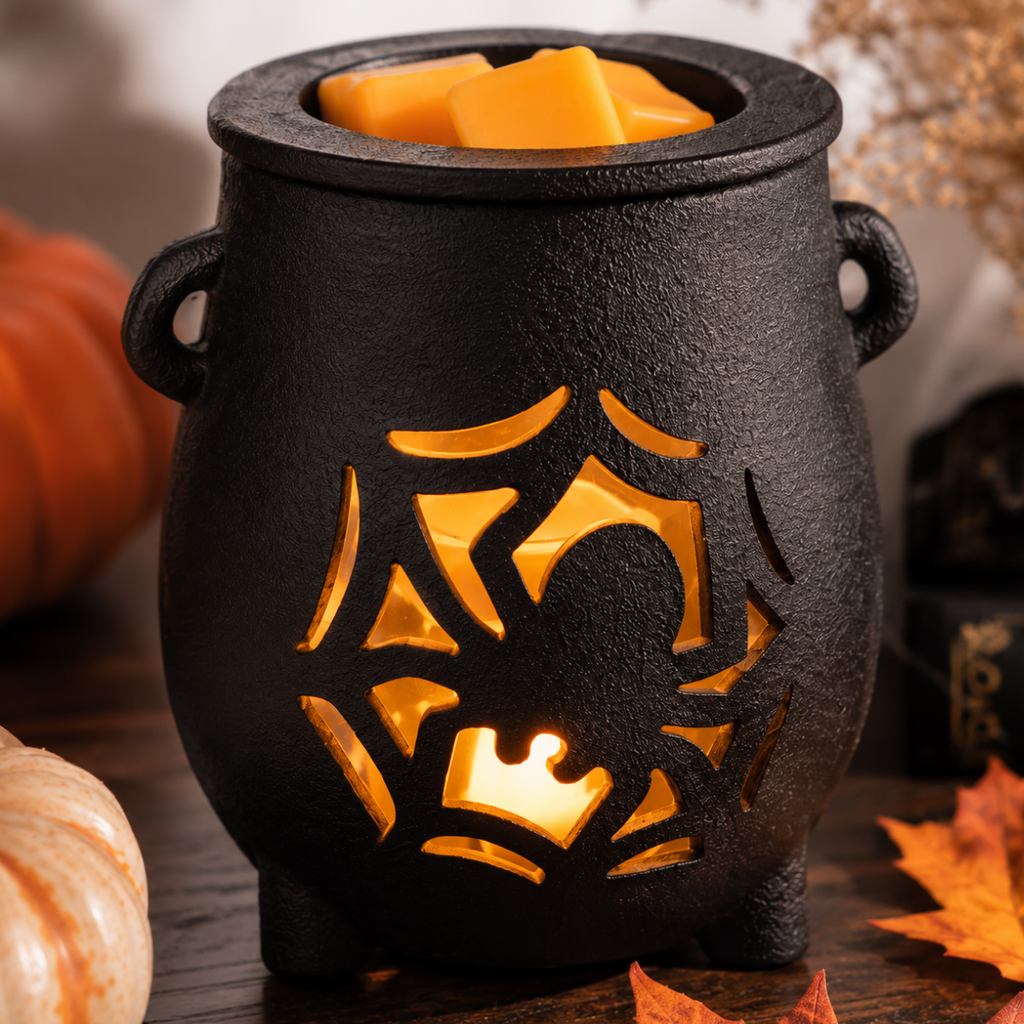A black cauldron-shaped wax warmer with a spiderweb and crown cutout, glowing with warm orange light, filled with wax melts and set on a wooden surface with autumn decor.