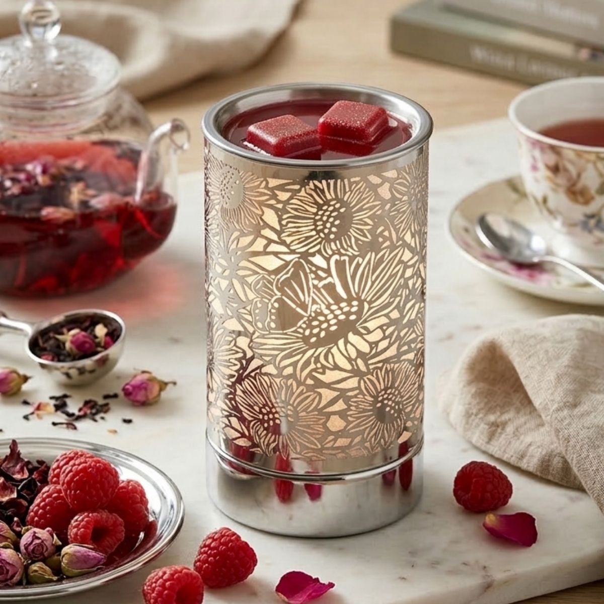 Decorative wax warmer with floral patterns on a table with tea accessories.