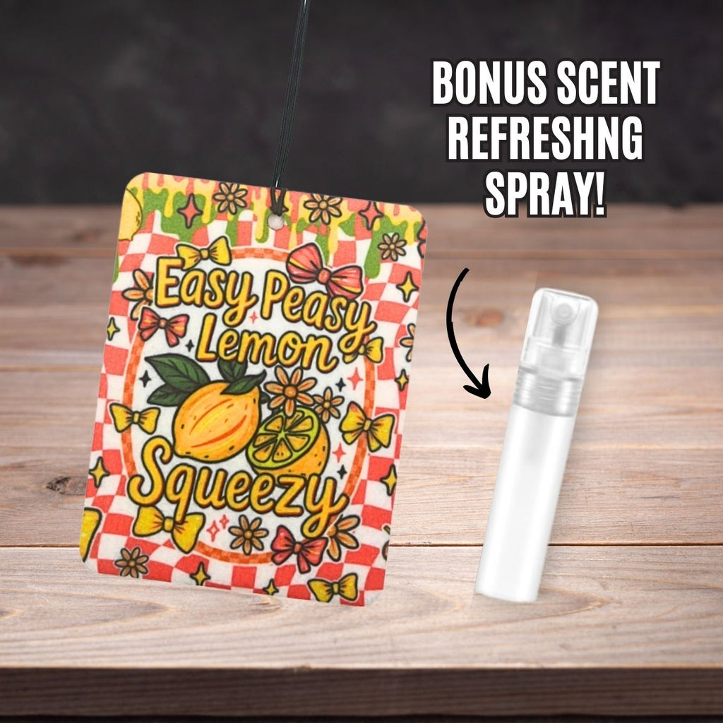A felt air freshener with lemon design and a bonus scent refreshing spray on a wooden surface