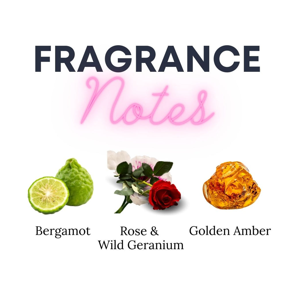 Fifty Shades Fragrance notes with bergamot, rose & wild geranium, and golden amber on a white background