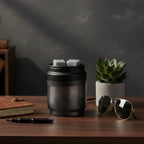 Black wax warmer with two Fifty Shades wax cubes in it, sunglasses, pen, and plant on a wooden surface against a dark background