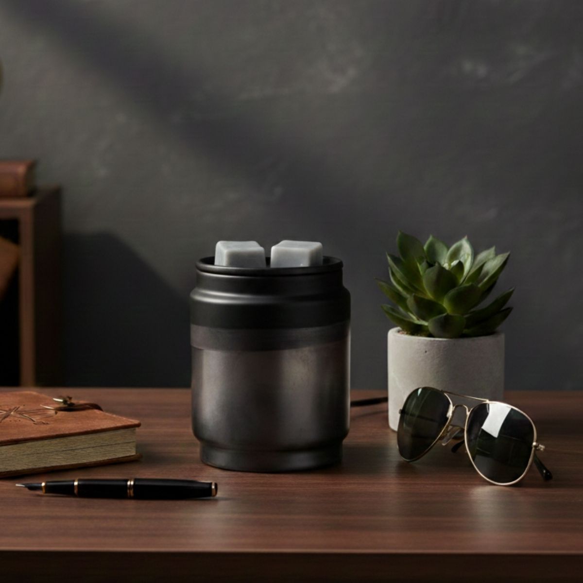 Black wax warmer with two Fifty Shades wax cubes in it, sunglasses, pen, and plant on a wooden surface against a dark background