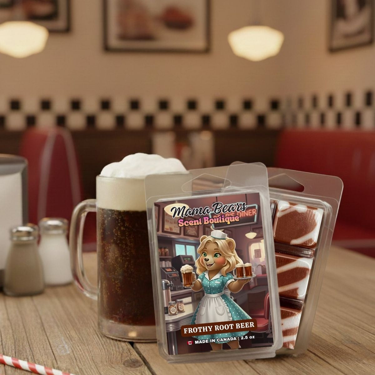 Mama Bear's Scent Boutique wax melt packaging with a root beer theme on a wooden table.
