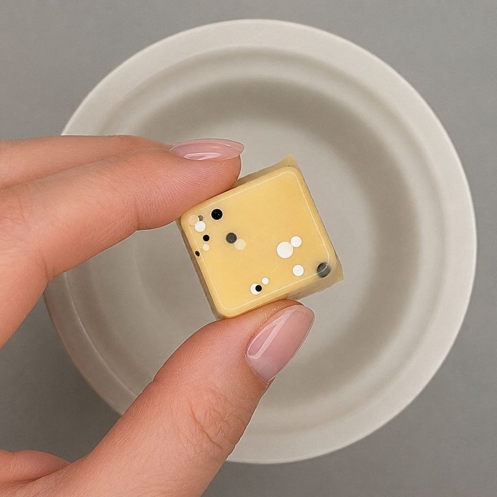 Hand holding a cream colored wax melt cube, with white and black dots against a neutral background