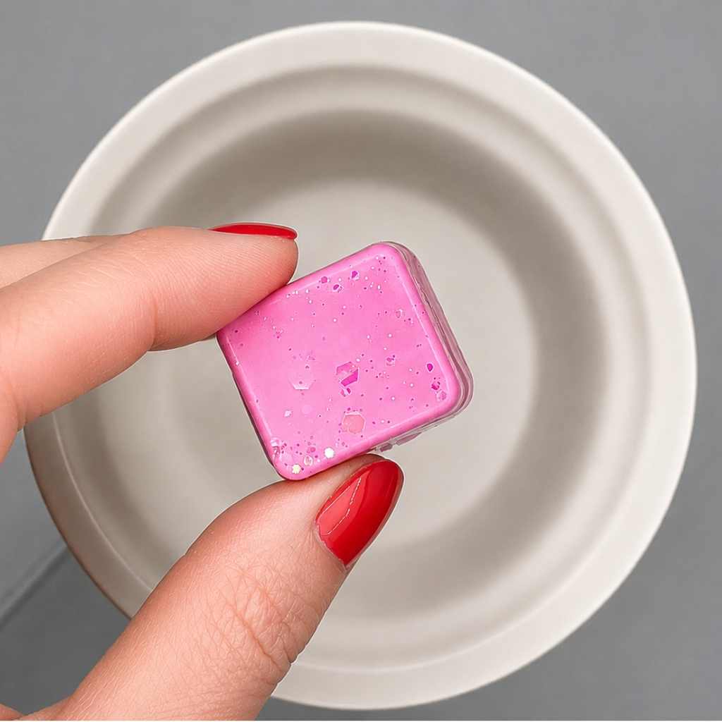 Hand holding a pink cube of brazilian dragon fruit wax melt with glitter over a white wax warmer dish.