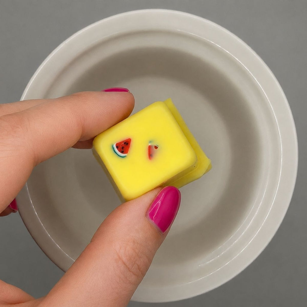 Hand holding watermelon lemonade wax melts over a wax warmer dish.