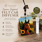Mama Bears Scent Boutique Equine-Inspired Felt Car Diffuser with horse design on a wooden surface.