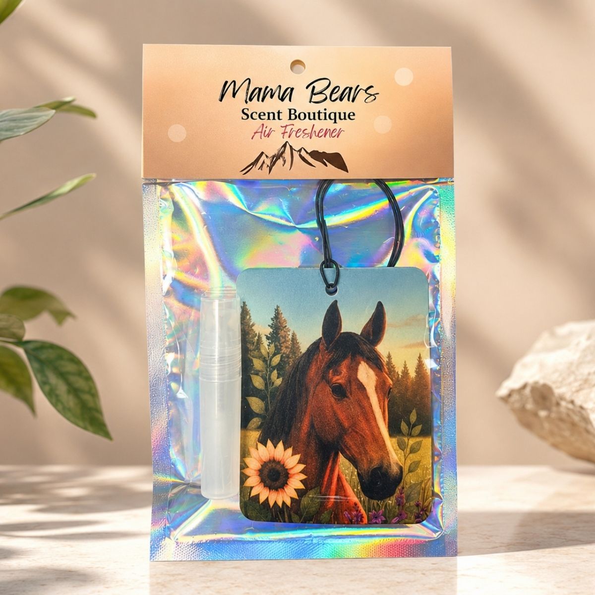 Holographic air freshener with a horse design on packaging labeled 'Mama Bears Scent Boutique'.