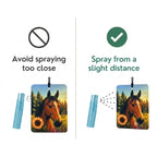 Instructions on how to use a product with a horse illustration, showing correct and incorrect spraying distances.
