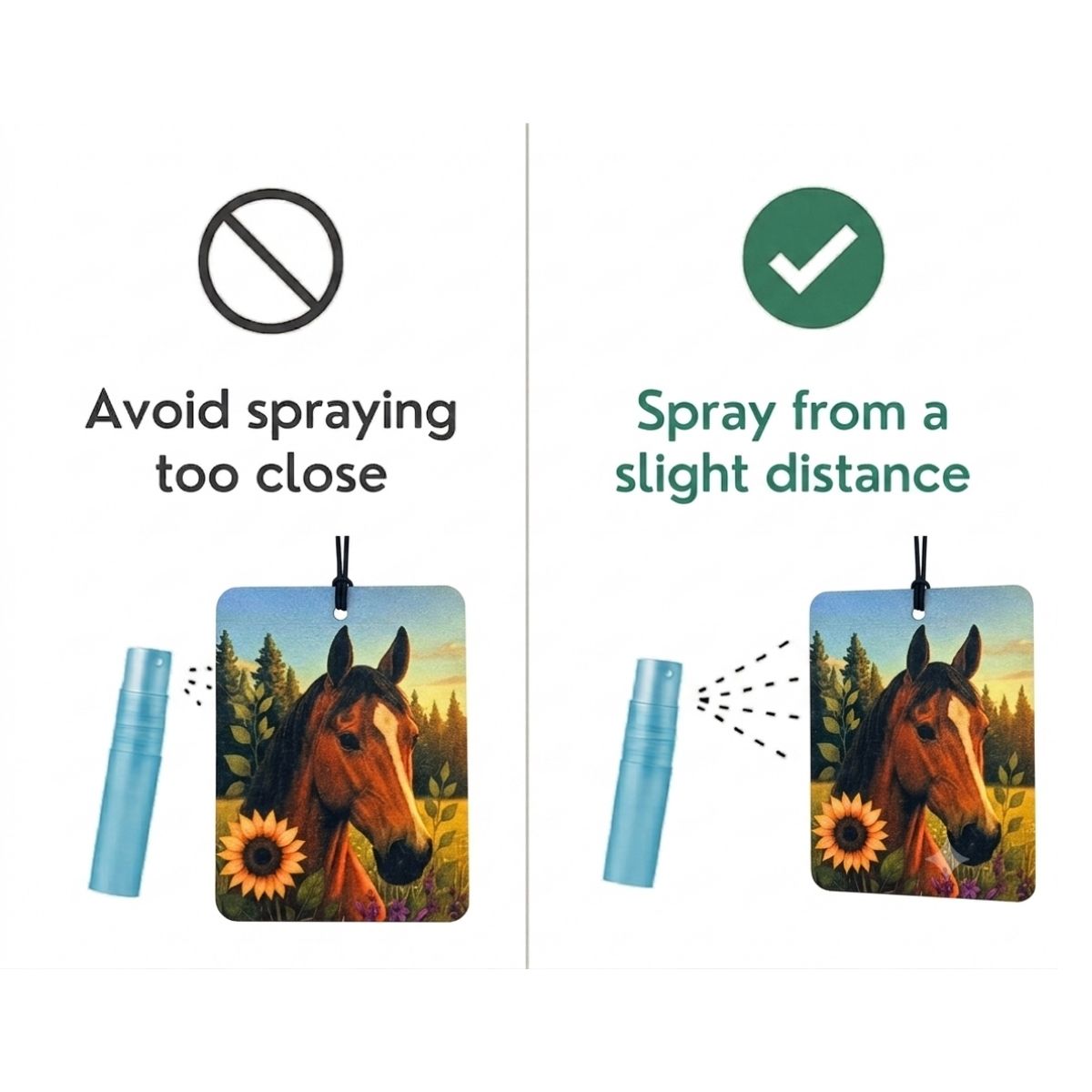Instructions on how to use a product with a horse illustration, showing correct and incorrect spraying distances.