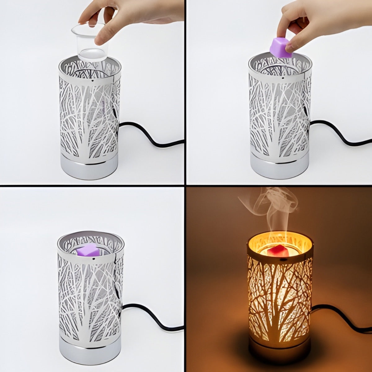 Step-by-step of putting wax in a warmer with a tree branch design.