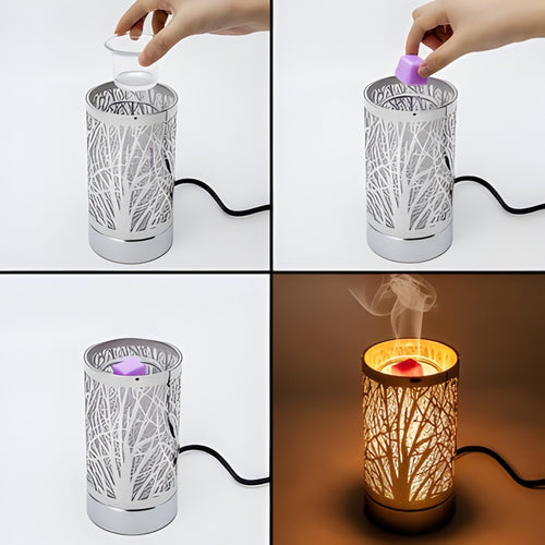 Step-by-step of putting wax in a warmer with a tree branch design.