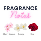 Fragrance notes with cherry blossom, jasmine, and rose flowers on a white background