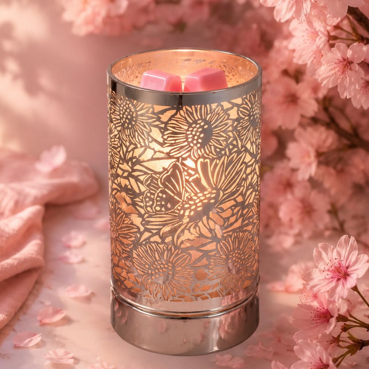 Decorative candle warmer with floral pattern on a soft pink background with flowers.