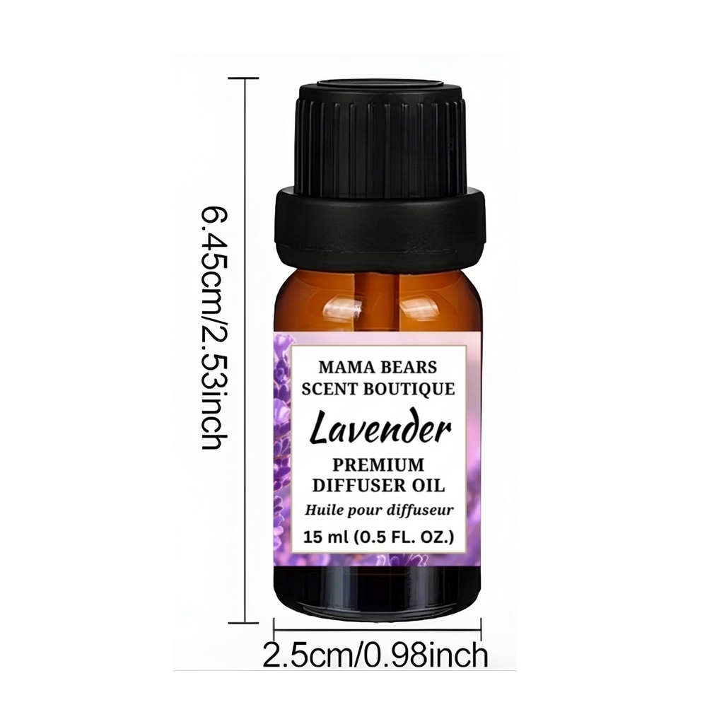 Lavender diffuser oil bottle with dimensions on a white background