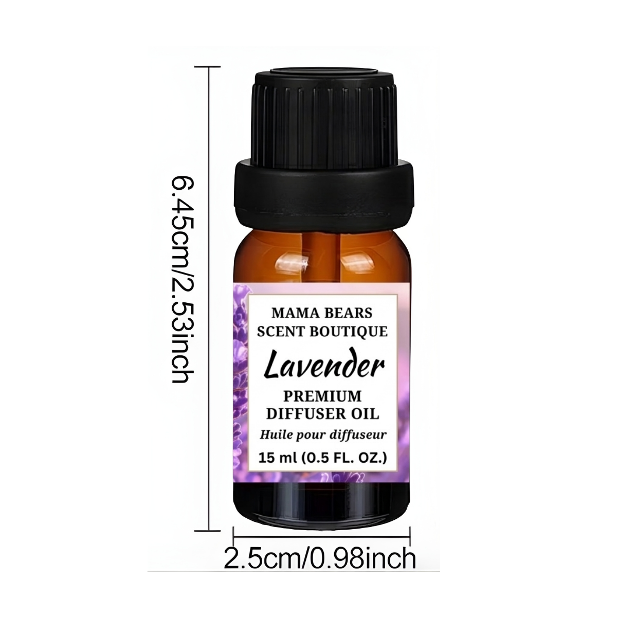 Lavender diffuser oil bottle with dimensions on a white background