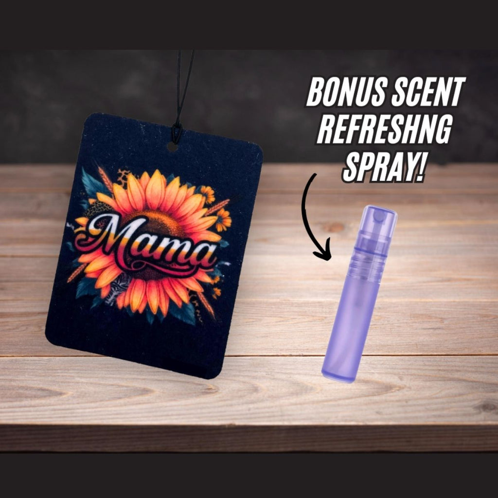 Car air freshener with 'Mama' design and bonus refreshing spray on a wooden surface