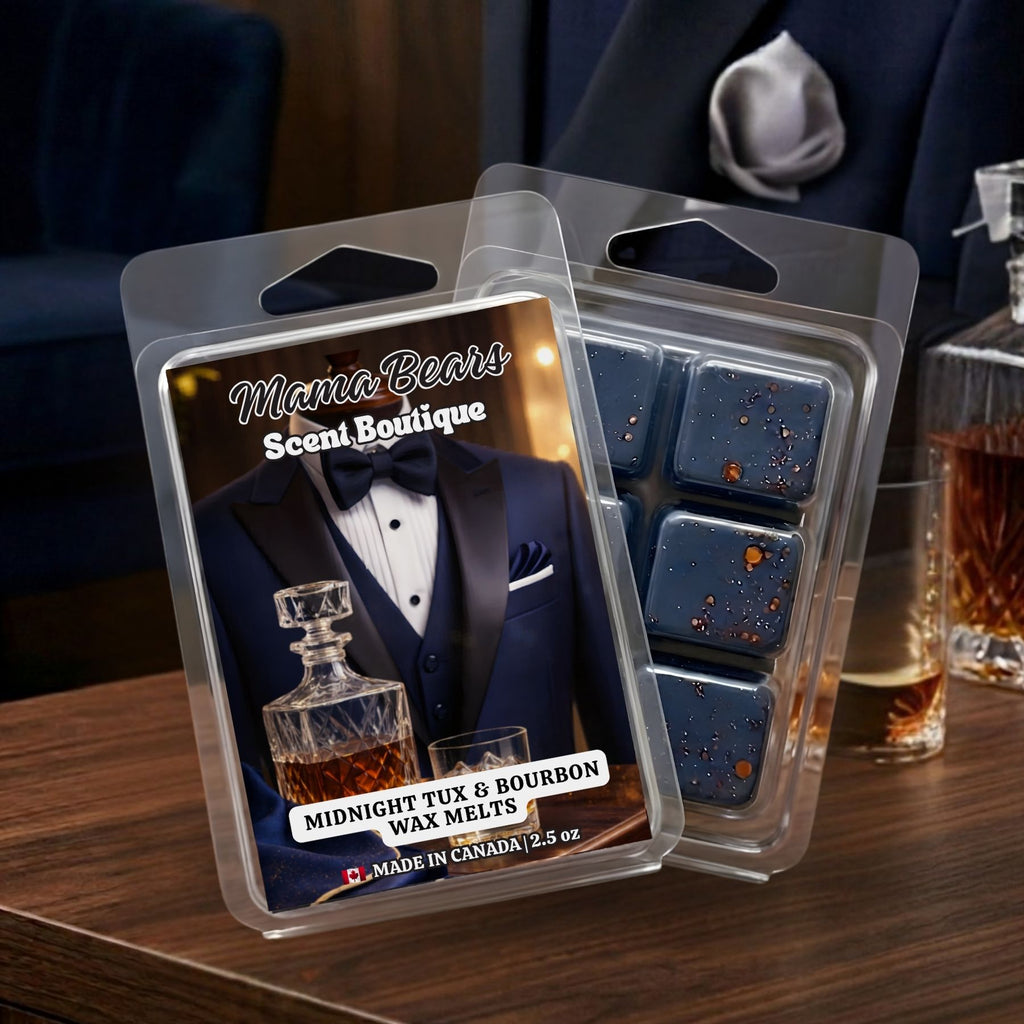 Midnight Tux and Bourbon wax melts packaging with a tuxedo and bourbon bottle design on a wooden surface.on