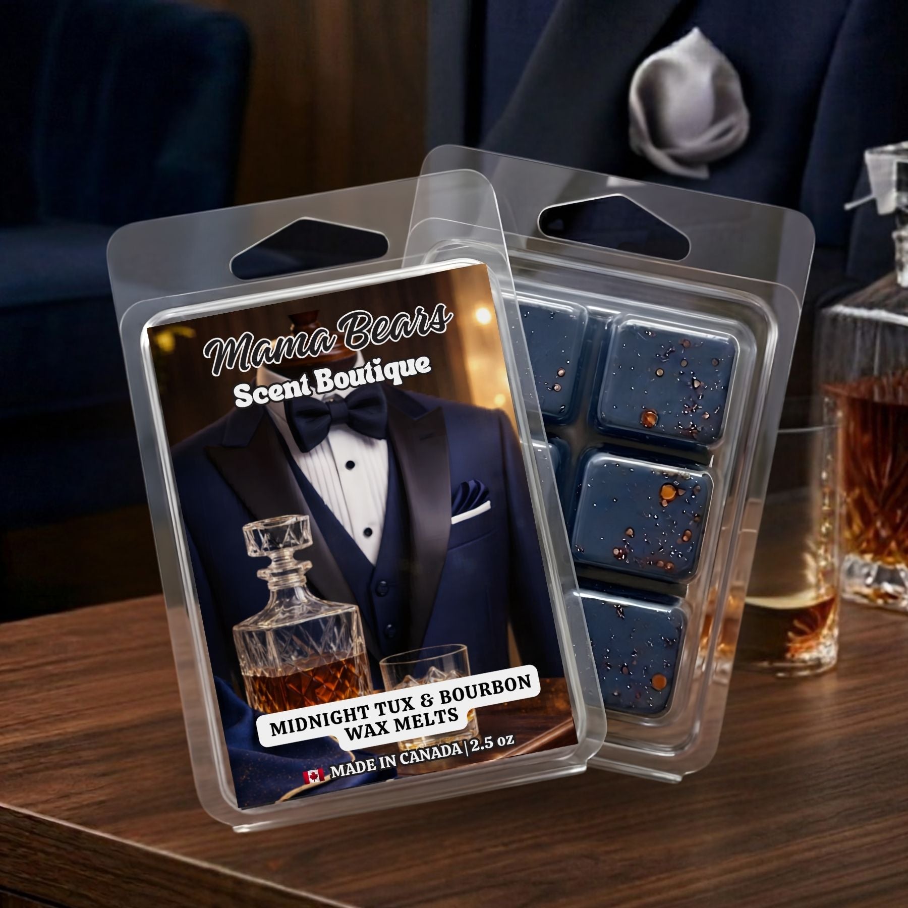 Midnight Tux and Bourbon wax melts packaging with a tuxedo and bourbon bottle design on a wooden surface.on