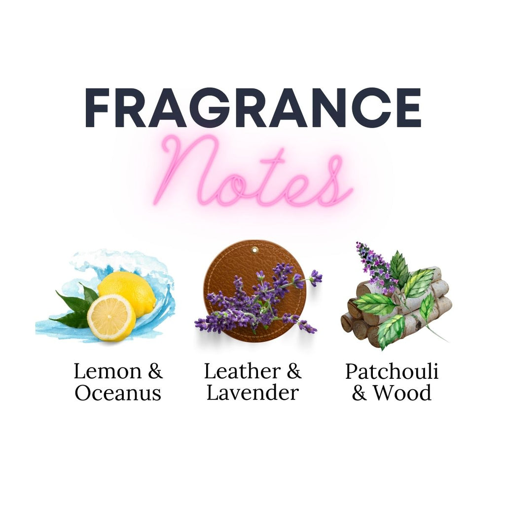 Fragrance notes of Modern Creed with lemon, lavender, and patchouli symbols on a white background
