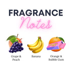 Fragrance notes with grape and peach, banana, and orange and bubble gum symbols on a white background.