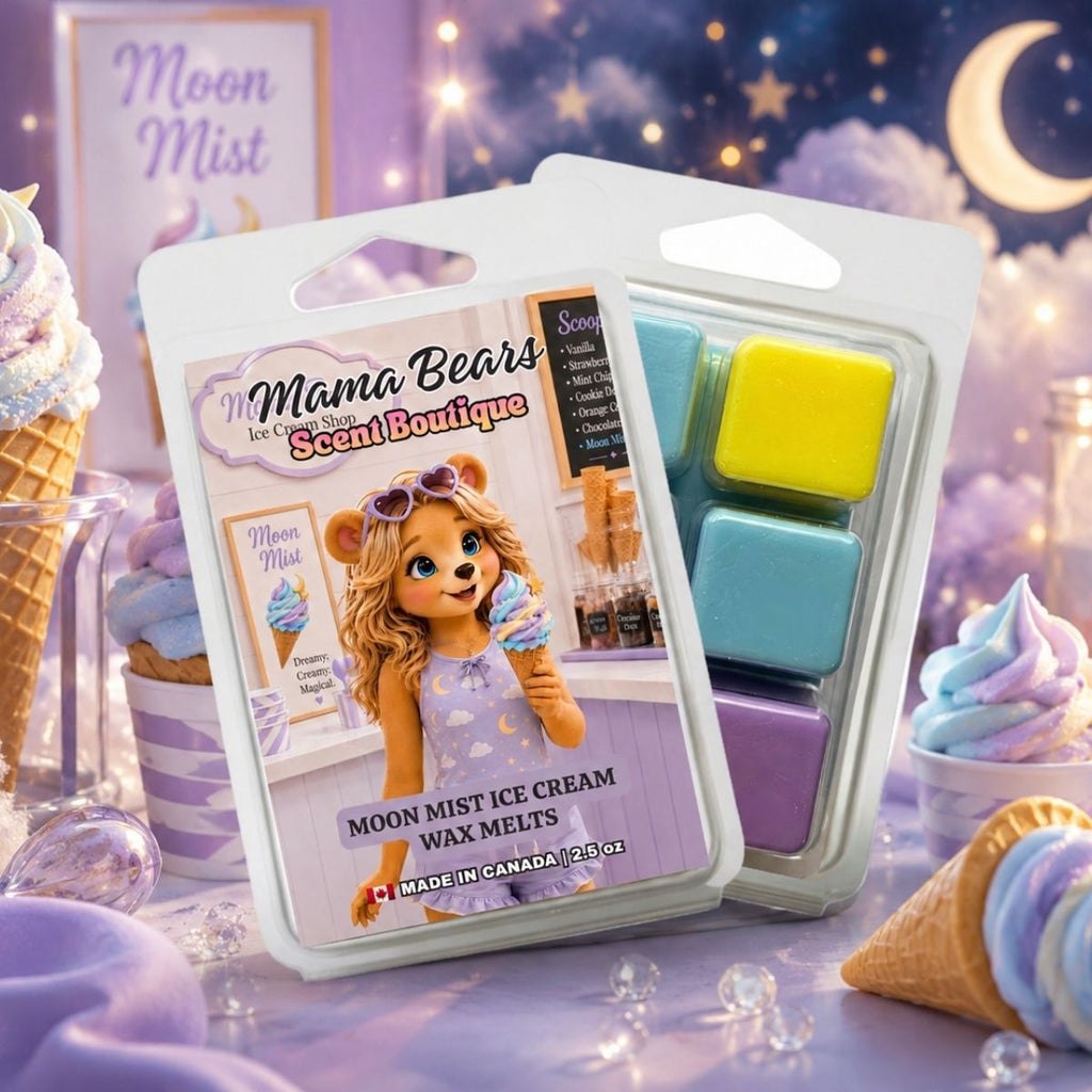 Mama Bears Scent Boutique Moon Mist Ice Cream Wax Melts packaging with decorative background.