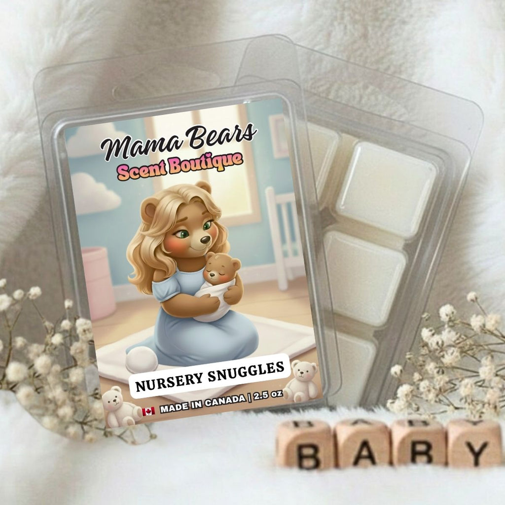 Mama Bears Scent Boutique wax melt packaging with a bear illustration of a mama and baby and 'Nursery Snuggles' text, surrounded by decorative elements.