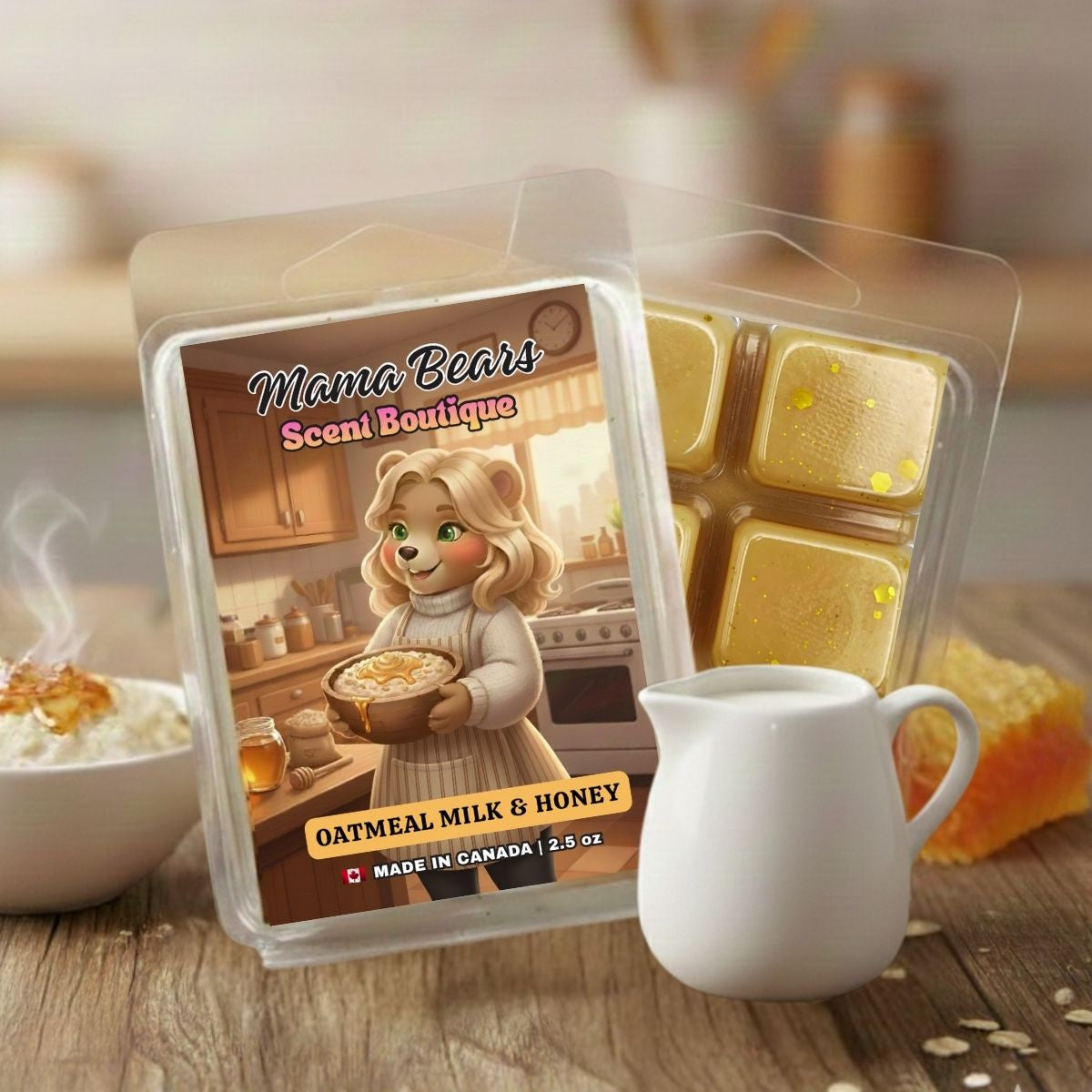 Packaged Oatmeal Milk and Honey wax melts from Mama Bears Scent Boutique with a bear character on a kitchen-themed label.