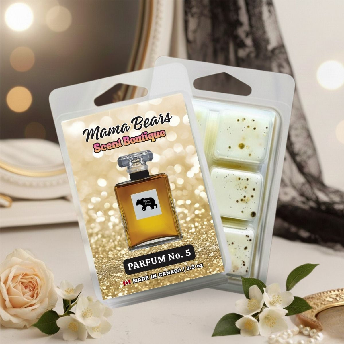 Packaged wax melts in the scent Parfum No. 5 from Mama Bears Scent Boutique with decorative flowers on a blurred background