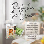 Mama Bear's Scent Boutique pistachio ice cream scented wax melts packaging with product description text.