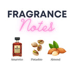 Fragrance notes with Amaretto bottle, pistachios, and almonds on a white background